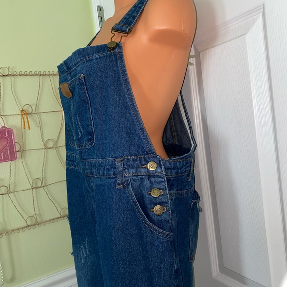 BASE GIRL NEW JENS Blue Distressed Overalls XL - Picture 5 of 14